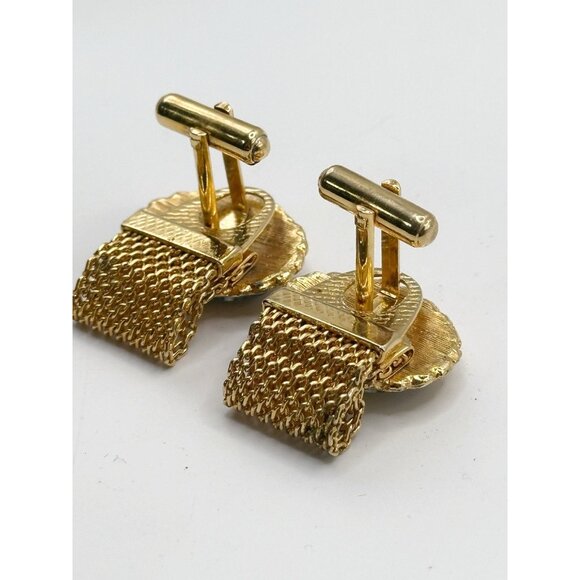 Vintage, Iridescent Glass, Wrap Around Cuff Links, Mesh, Gold Tone - Picture 5 of 5